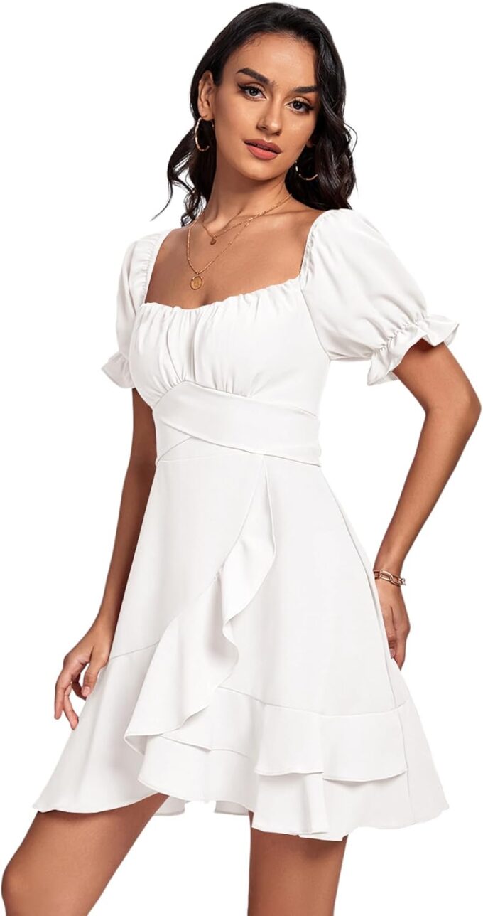 LYANER Women's Square Neck Ruffle Wrap Mini Dress Off Shoulder Flounce Short Sleeve A Line Flowy Dress – Bild 3