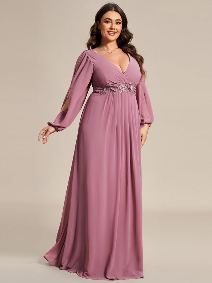 Ever-Pretty Plus Women's Floor Length V Neck Lantern Sleeves Floral Applique Plus Size Formal Dresses for Curvy Women – Bild 3