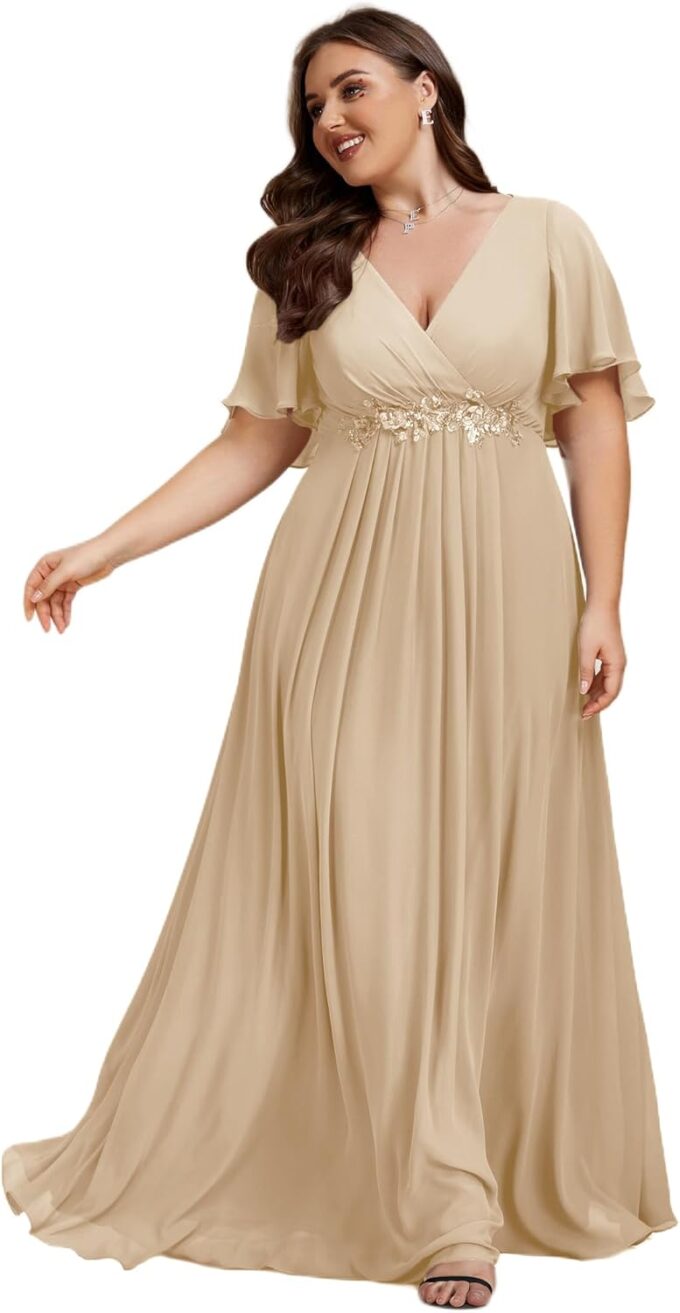 Ever-Pretty Chiffon V Neck Short Sleeves Appliques Plus Size Formal Dresses for Curvy Women Evening Gowns 01960-DA