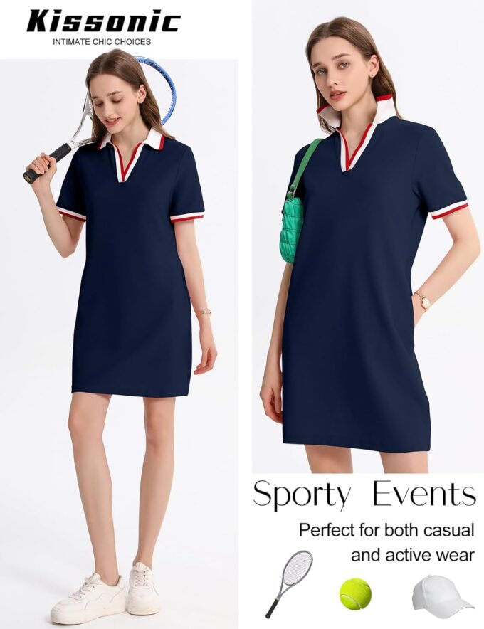 Kissonic Polo Dress for Women V Neck Short Sleeve Flowy Contrast Color Golf Tennis A Line T Shirt Dresses – Bild 2