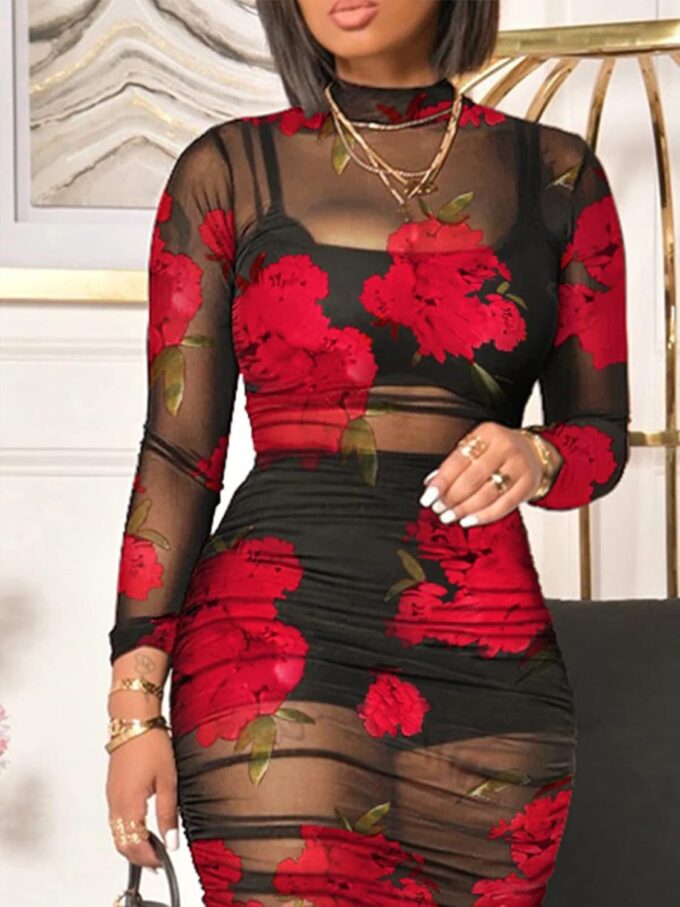 Women Sexy See Through Mesh Long Sleeve Ruched Midi Dresses Crop Top Bodycon Skirt 3 Piece Outfits Set Clubwear – Bild 5