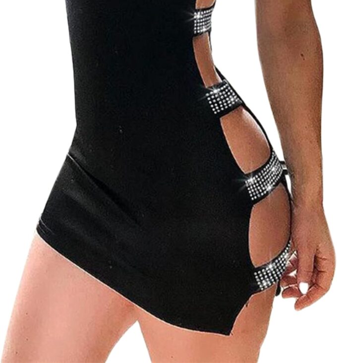 Bowanadacles Women Sexy Tube Tops Dress Solid Color Sleeveless Rhinestone Hollow Pencil Mini Dress High Waist Skinny Skirt – Bild 2