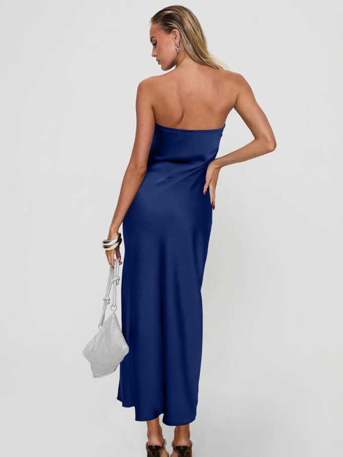 DAAWENXI Women's Summer Sexy Strapless Satin Tube Bodycon Midi Dress Side Slit Cocktail Party Long Dresses – Bild 4