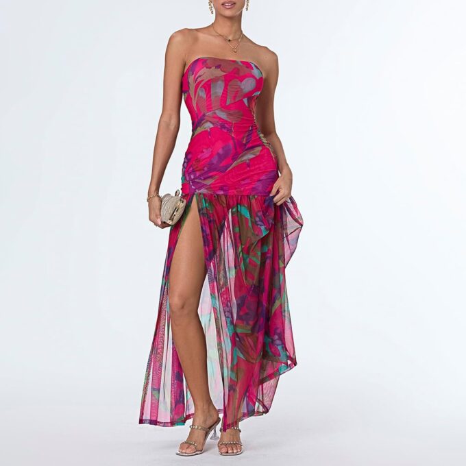 Summer Strapless Dress for Women Sleeveless Backless Side Slit Floral Tube Top Dress Elegant Party Club Long Dresses – Bild 2