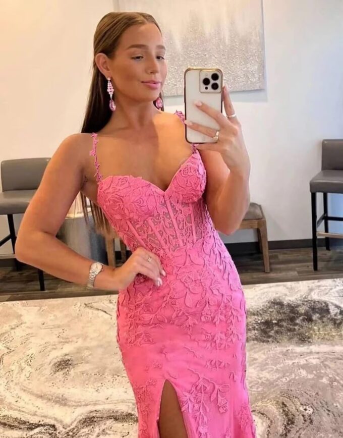 Women's V Neck Lace Appliques Tulle Long Prom Dresses with Slit Spaghetti Straps Corset Formal Evening Dress – Bild 5