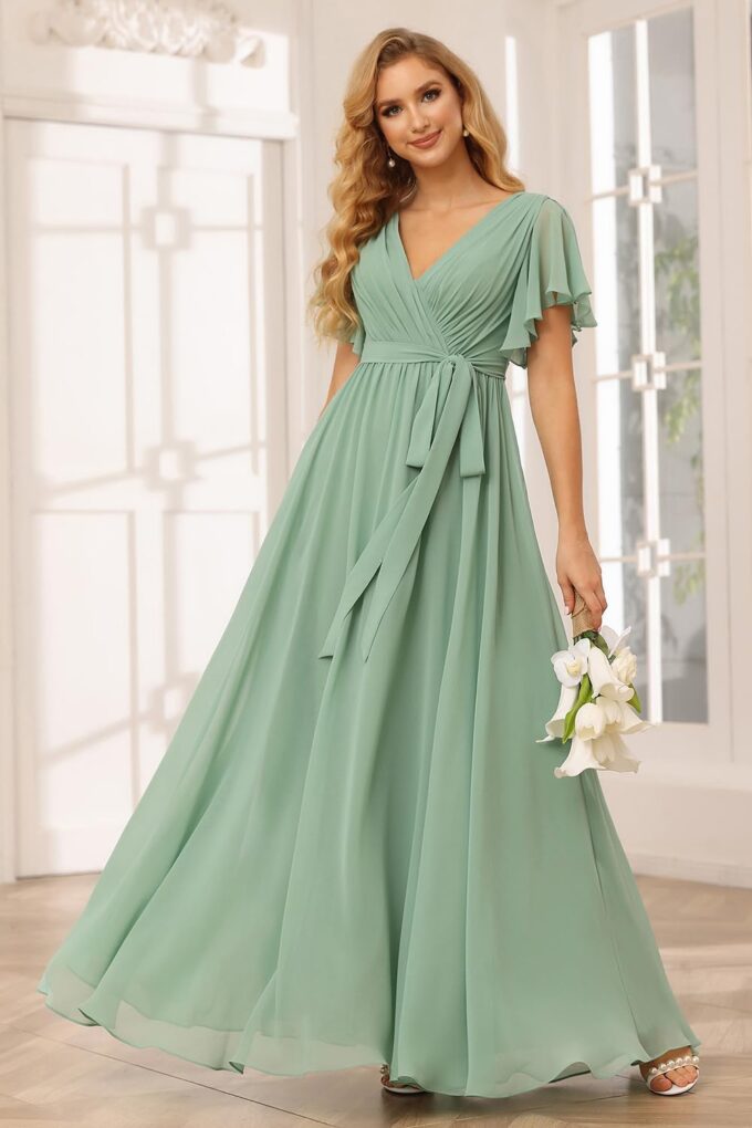 Raseal Flutter Sleeve Chiffon Bridesmaid Dress Long with Pockets V Neck Pleated Formal Dress for Women RS037 – Bild 2