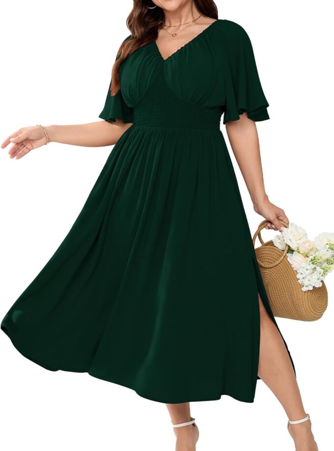 Womens Plus Size Formal Dress V Neck Flutter Short Sleeve Split A Line Boho Maxi Dresses for Wedding Guest
