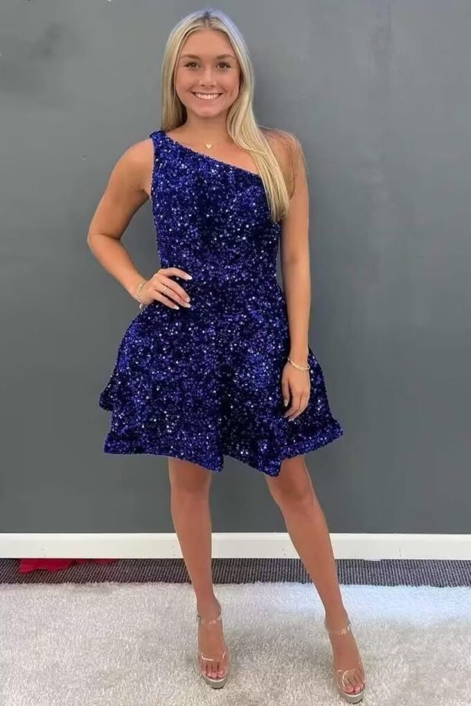 One Shoulder Sequin Homecoming Dresses for Teens 2025 Short Prom Dress Sparkly A-line Formal Dress with Pockets – Bild 7