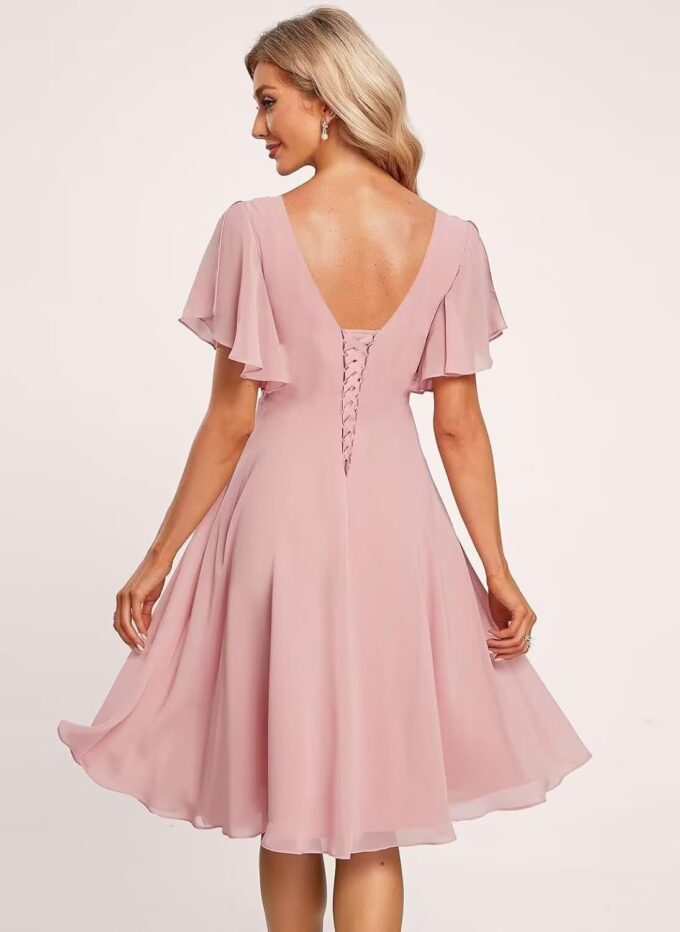 Miao Duo V Neck Short Dusty Blue Bridesmaid Dresses with Pockets Short Ruched Flutter Sleeves Chiffon Formal Dresses for Wedding 8 – Bild 2