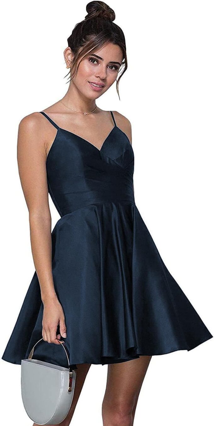Stylefun Women's V-Neck Short Homecoming Dresses for Teens 2025 Spaghetti Strap Prom Dress with Pocket CYM025