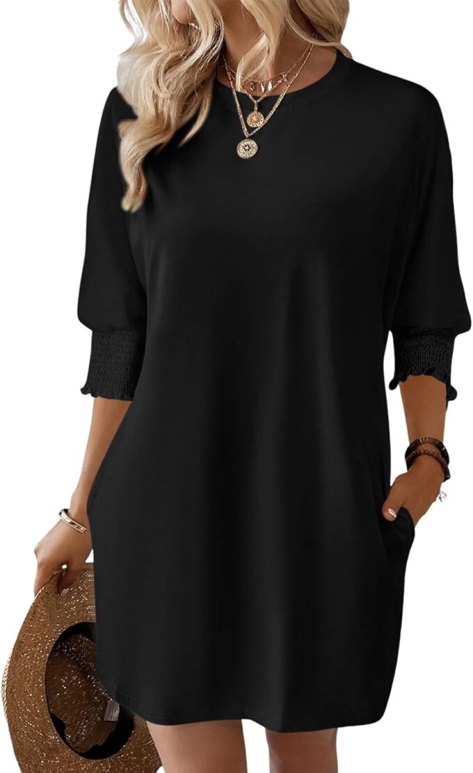 Dokotoo Womens Dresses 2025 Spring 3/4 Sleeve Fashion Dresses Crewneck Casual Mini Dress with Pockets S-XL