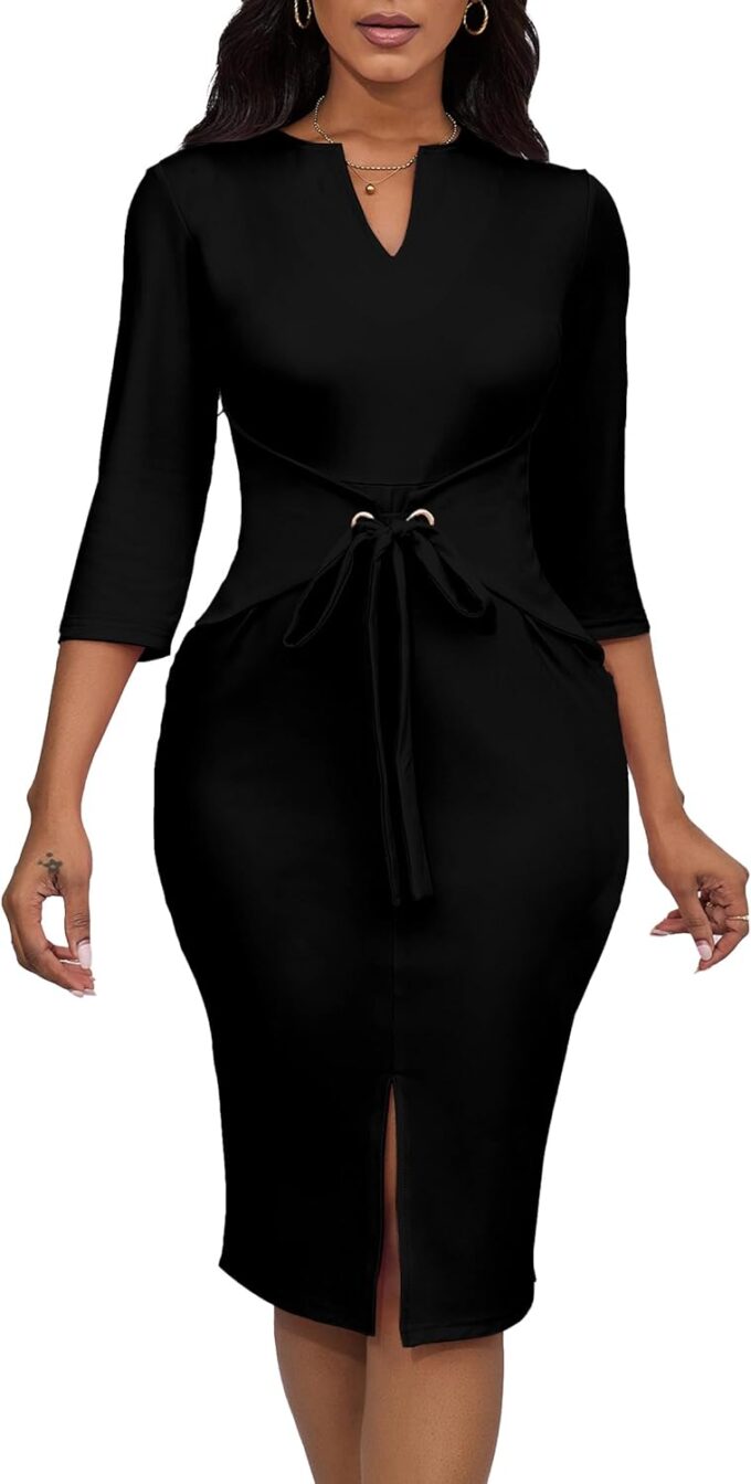 FANDEE Damen Vintage Kleider 3/4 Ärmel V-Ausschnitt Bodycon Bleistift Midi Arbeit Kirche Kleid mit Gürtel