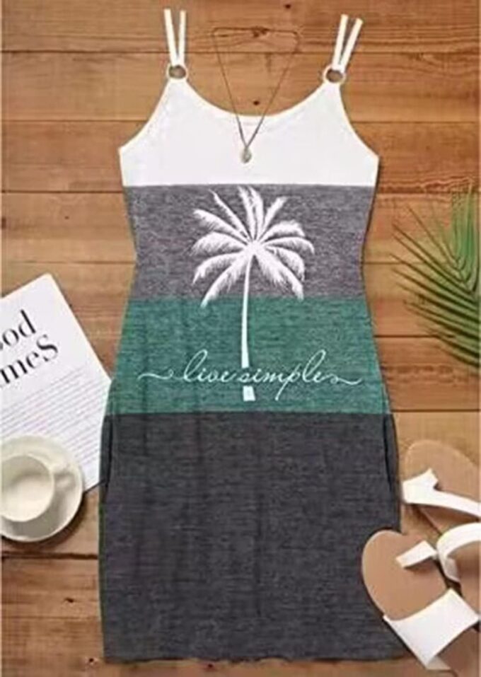 Live Simple Coconut Tree Color Block Mini Dress for Women Summer Beach Vacation Tank Dresses Sleeveless Short Dress – Bild 3
