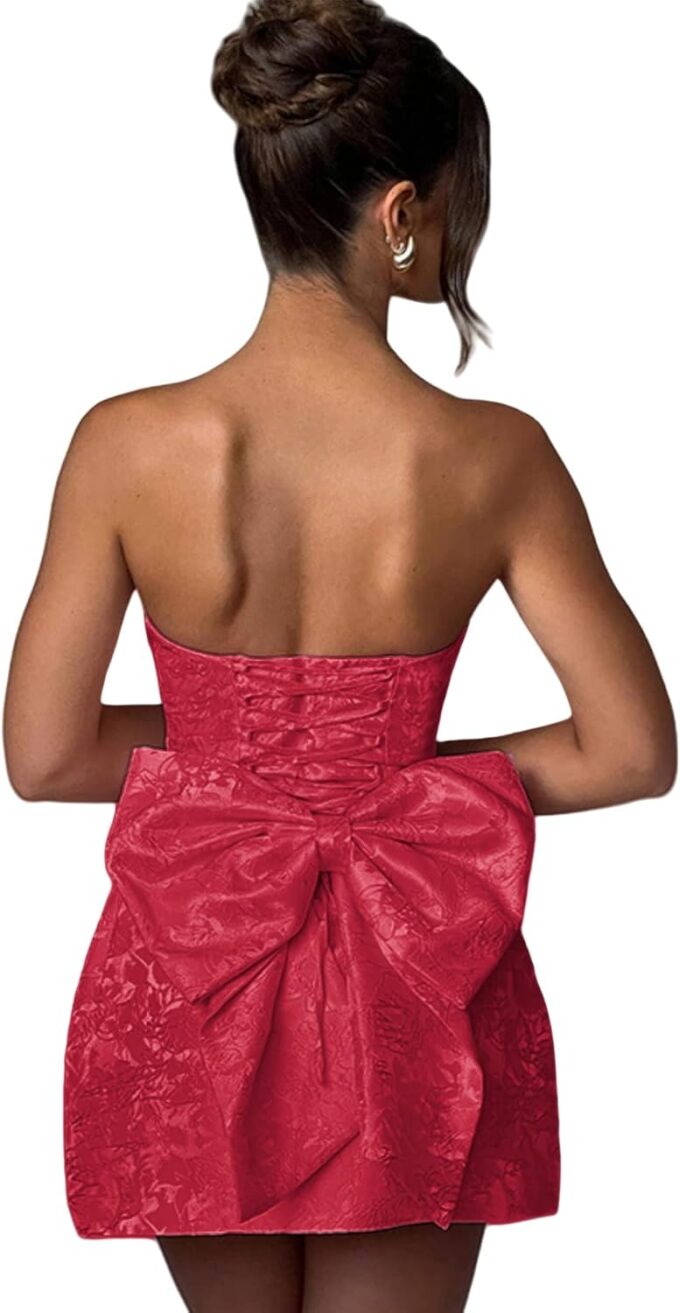 ZGMYC Jacquard Satin Homecoming Dress with Bow Elegant Strapless Mini Dress A Line Short Prom Dresses Party Gown
