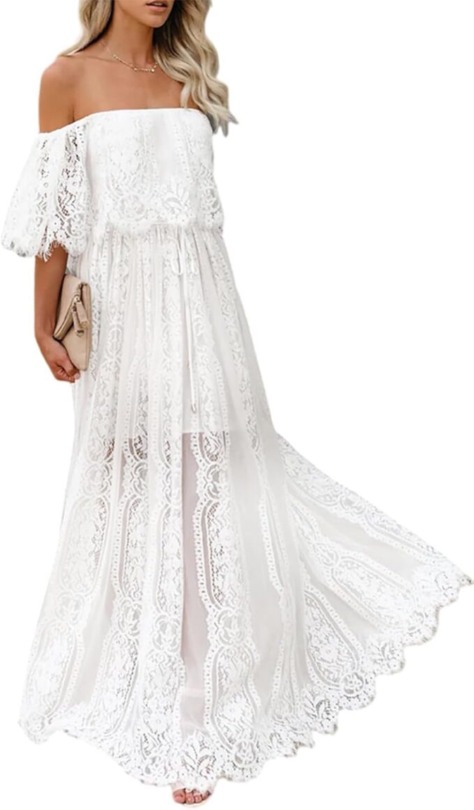 Cercis Womens Off The Shoulder Floral Lace Maxi Wedding Dress Boho Flowy Wedding Guest Formal Long Dresses – Bild 2