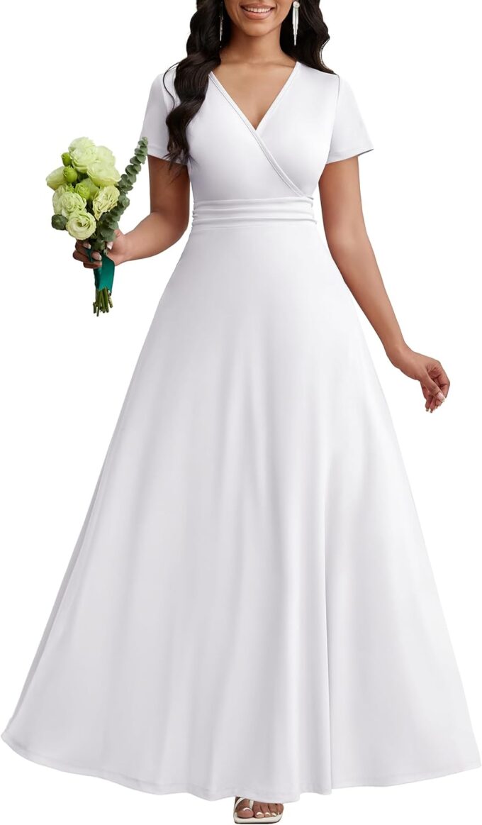 CLOCOR Maxi Dress for Women Summer Long Dress A Line Formal V Neck Wedding Guest Short Sleeve High Waist Casual Elegant