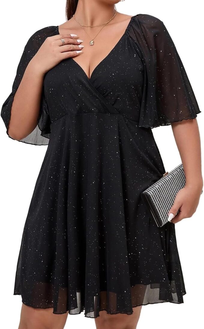 Plus Size Cap Sleeves Long Sleeves V Neck Sequins Skater Cocktail Club Dress