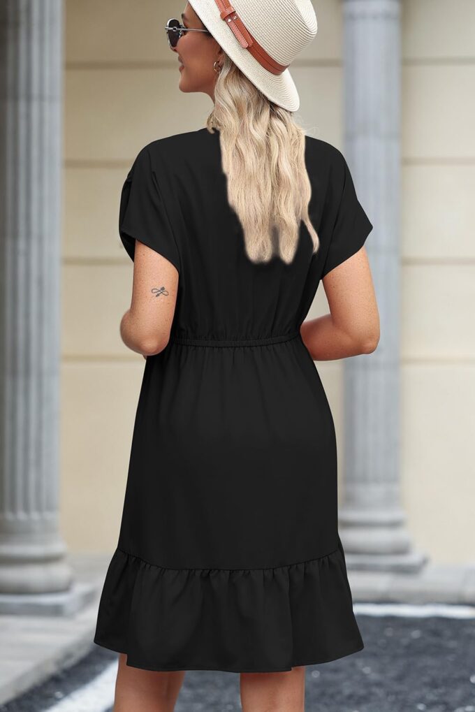 Dokotoo Womens Summer Dresses 2025 Short Sleeve V Neck Empire Waist Drawstring Casual Ruffle A-Line Swing Mini Babydoll Dress – Bild 7