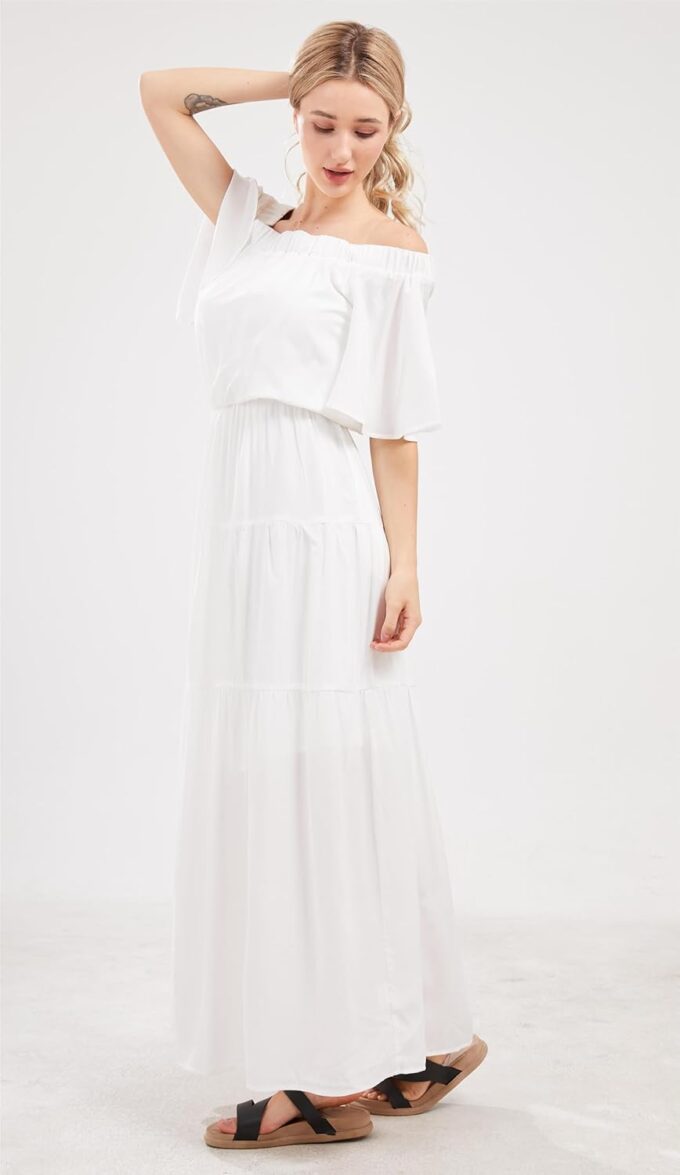 loveimgs Women's Summer Off Shoulder Ruffle Cotton Dress Short Sleeve Mid Rise Beach Boho Long Maxi Dress – Bild 5