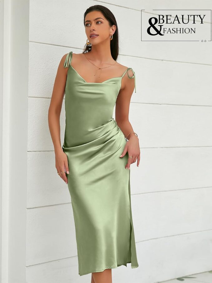 Women's Spaghetti Strap Midi Satin Slik Dress Cowl Neck Elegant Long Slip Ruched Evening Dress Party Cocktail – Bild 5