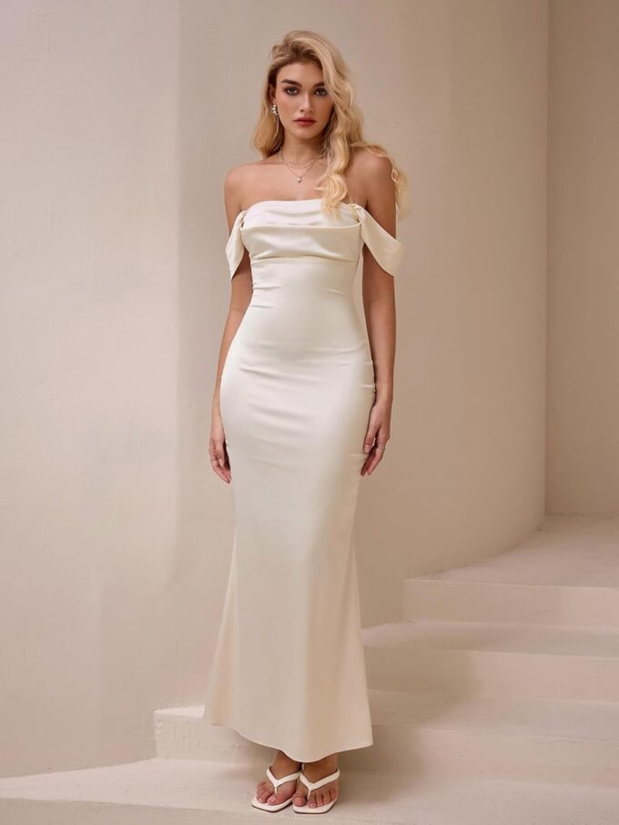 KUTUMAI Women Off Shoulder Satin Maxi Dress Elegant Ruched Bodycon Long Cocktail Formal Wedding Guest Dresses – Bild 6