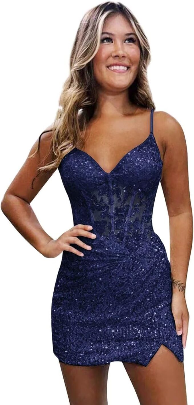 Noras dress Sequin Applique Mini Homecoming Dress Spaghetti Straps Sparkly Cocktail Party Dresses for Teens NO158