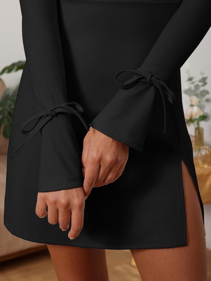 Women's Sexy Square Neck Bodice Dresses Long Sleeve Side Slit A-Line Mini Dress Cocktail Party Club Dress – Bild 5