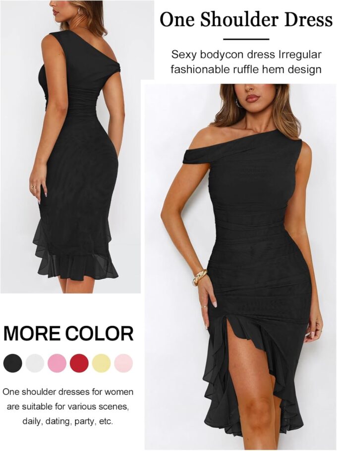 Women Sleeveless One Shoulder Bodycon Midi Dress Summer Side Slit Mesh Irregular Ruffle Cocktail Dress for Women – Bild 2
