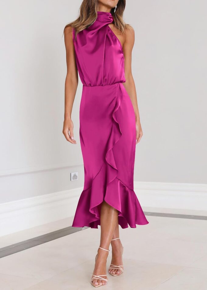 KIRUNDO Womens 2025 Summer Satin Mock Neck Wedding Guest Party Cocktail Midi Dress Sleeveless Wrap Ruffle Formal Dresses – Bild 2