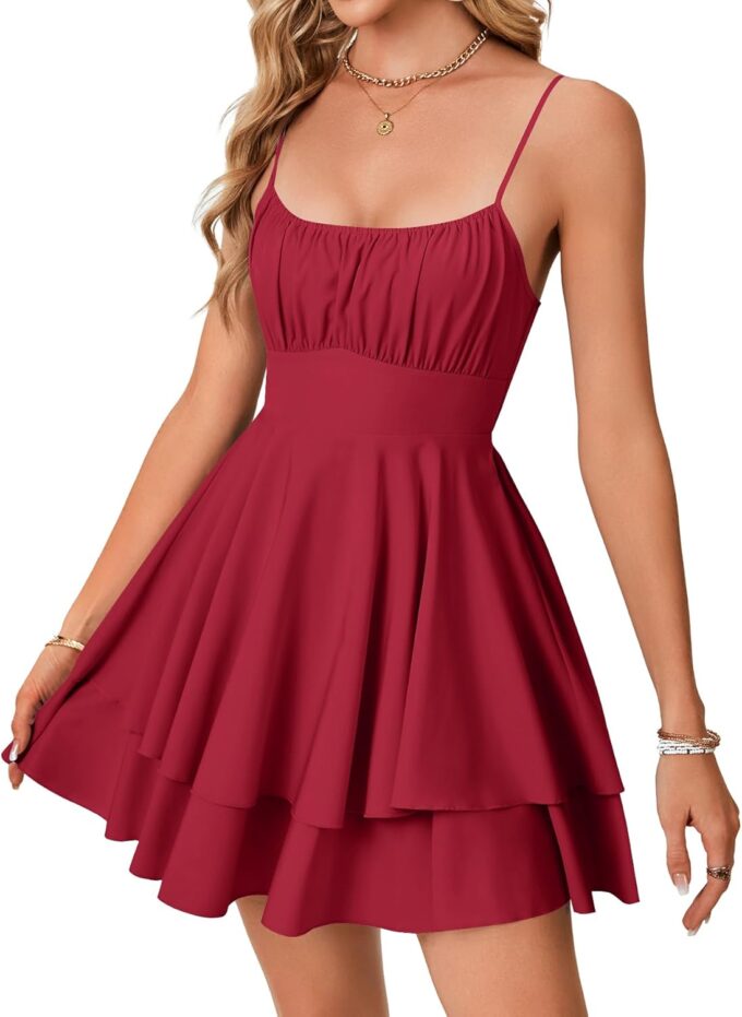 LYANER Women's Summer Tie Back Strappy Backless Sleeveless Ruffle Flowy A Line Mini Dress