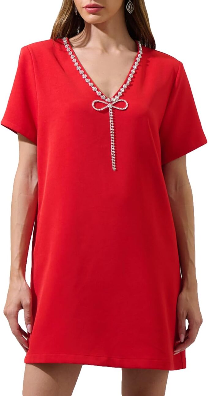 Women's V Neck Shift Mini Dress Short Sleeve Bow Glitter Rhinetone Dress Sexy Party Cocktail Short Dress