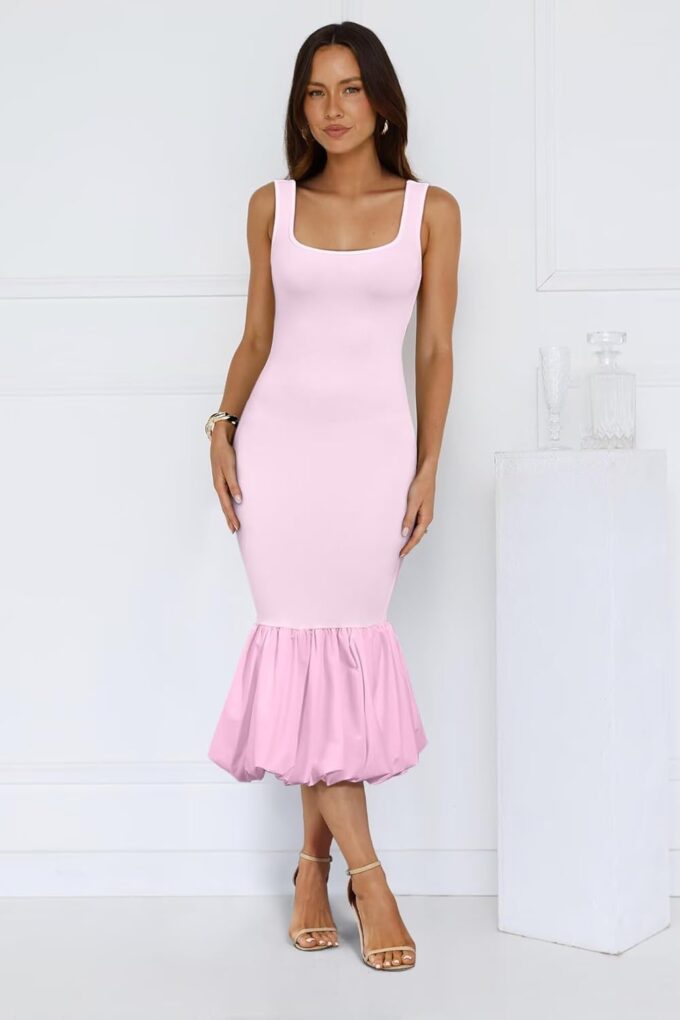 Women's 2025 Summer Bubble Bodycon Midi Dress Sexy Sleeveless Fishtail Mermaid Party Club Long Dresses – Bild 3