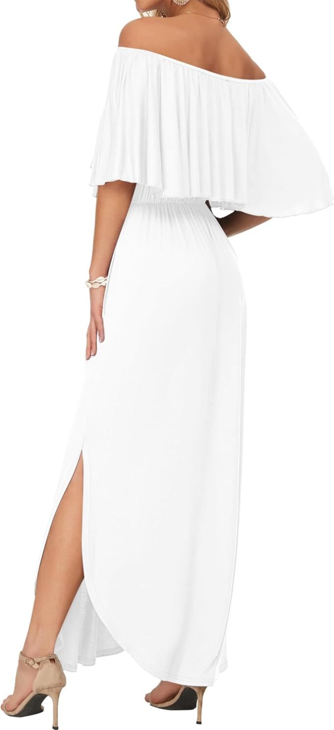 AUSELILY Womens Off The Shoulder Dress Summer Casual Long Ruffle Party Side Split Beach Maxi Dresses with Pockets – Bild 4