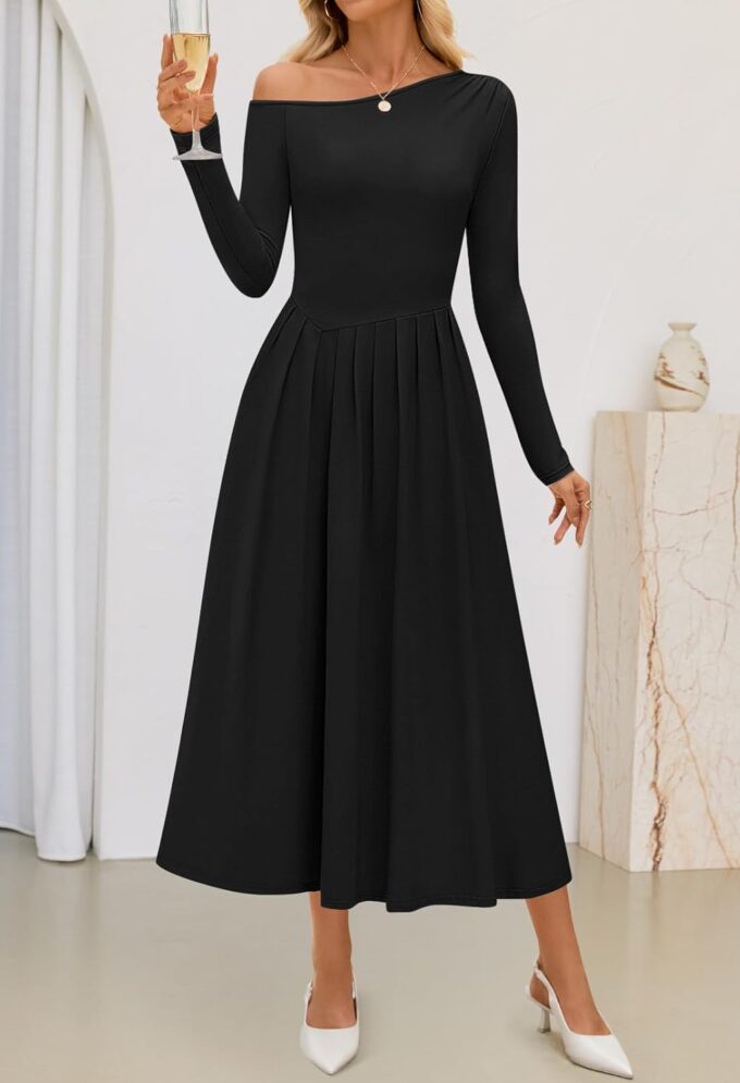 MEROKEETY Women's Fall Long Sleeve Maxi Dresses 2025 Off Shoulder Slim Swing Pleated Formal Dress Pockets – Bild 7