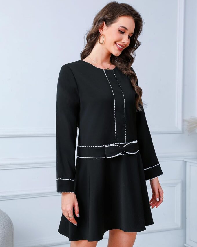 Kedera Women's Bow Mini Dress Long Sleeve Ruffled Dress Crew Neck Lace Dress Elegant Cocktail Party Dress – Bild 5