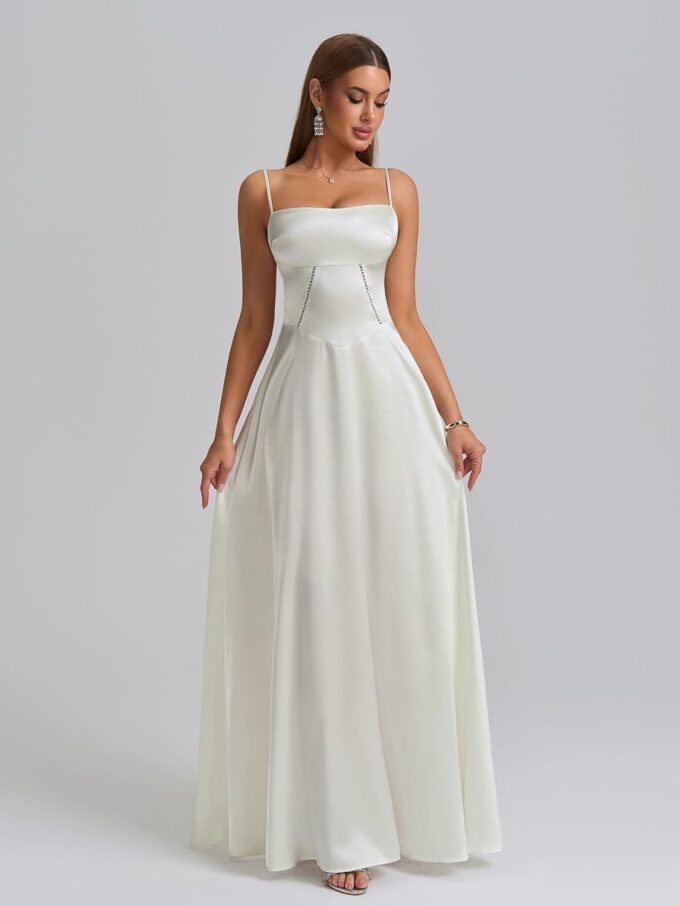 KUTUMAI Satin Maxi Dress Spaghetti Strap Lace Up Long Formal Dresses for Women Wedding Guest Cocktail Evening Prom – Bild 2