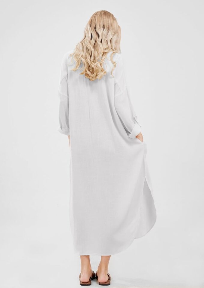 utcoco Womens Casual Loose Cotton Linen Long Shirt Dress Lapel Button Cuffed Sleeve Side Split Dresses with Pockets – Bild 7