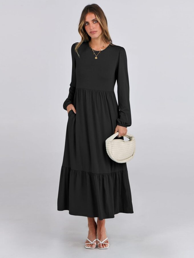 ANRABESS Women's Casual Long Sleeve Midi Dress 2025 Fall Crewneck A Line Tiered Flowy Loose Trendy Dresses with Pockets – Bild 2