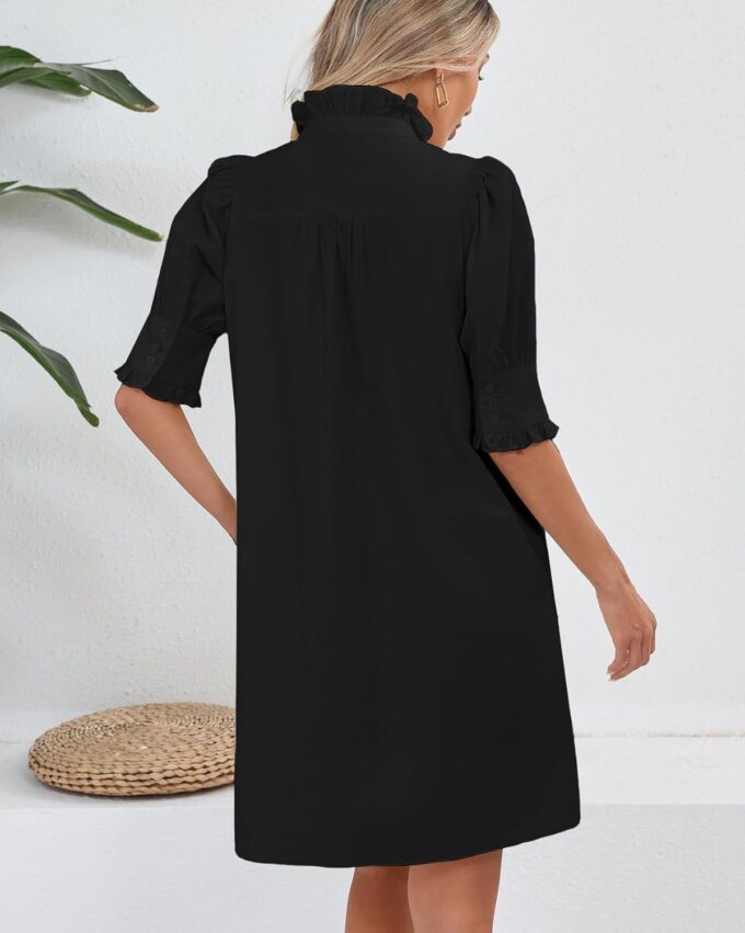 Women's Puff Short Sleeve Stand Ruffle Collar Summer Dress Casual A Line Shift Mini Dress with Pockets – Bild 6