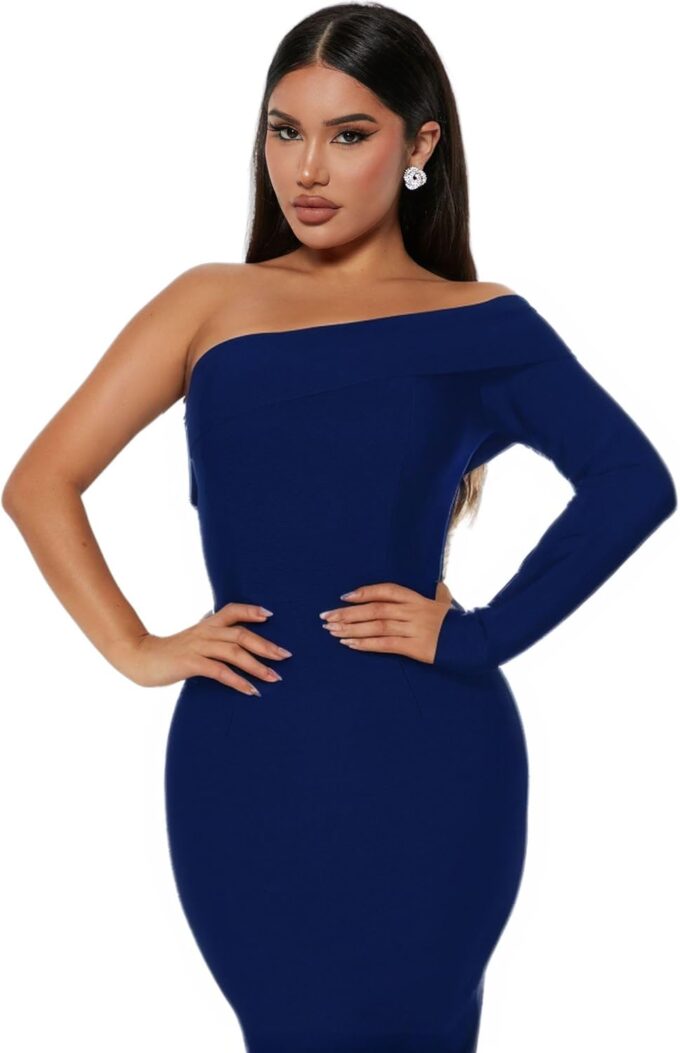 LightlyKiss Women's One-Shoulder Long Sleeve Backless Formal Dress, Elegant Wedding Guest Evening Gown – Bild 2