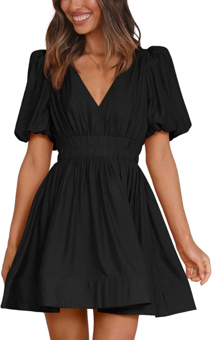 BWQ Women Mini Dress Short Puff Sleeve Sexy V Neck Dress A-line Elastic High Waisted Casual Flowy Summer Dresses