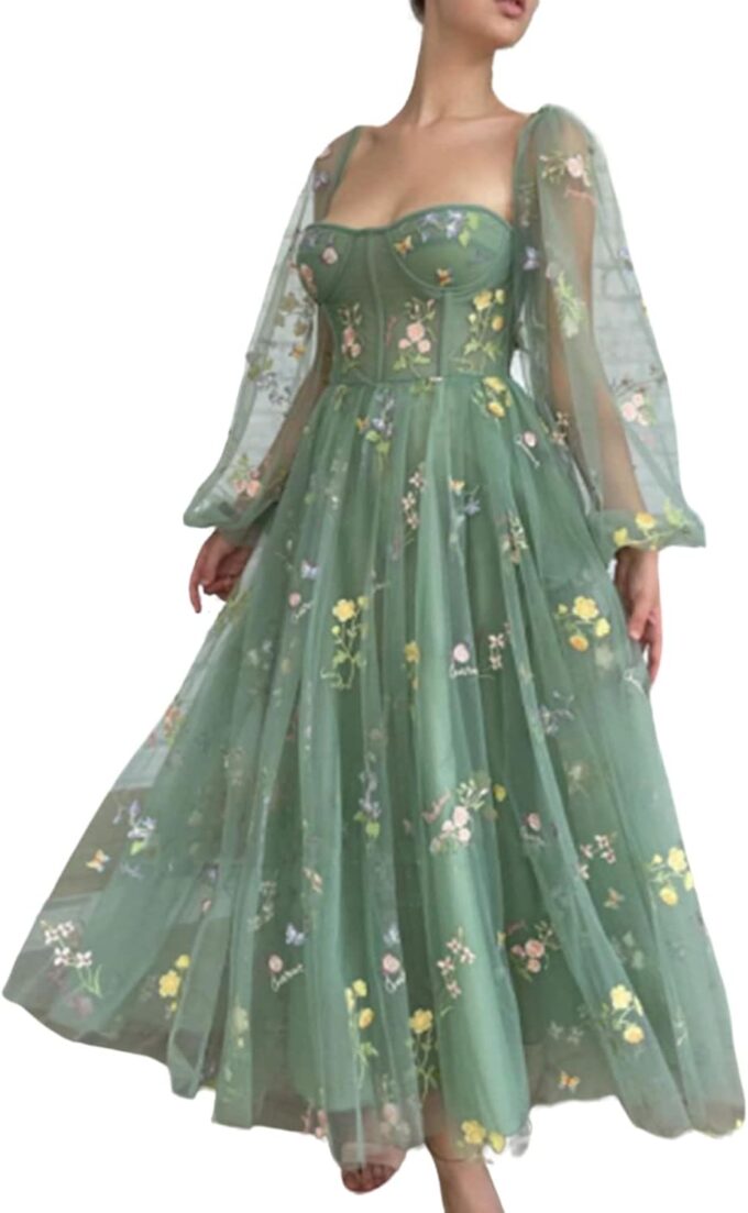 Flower Embroidery Prom Dresses Puffy Sleeve A-line Tulle Evening Party Gowns 2023 Tea Length for Women Formal Long Sleeve Green M