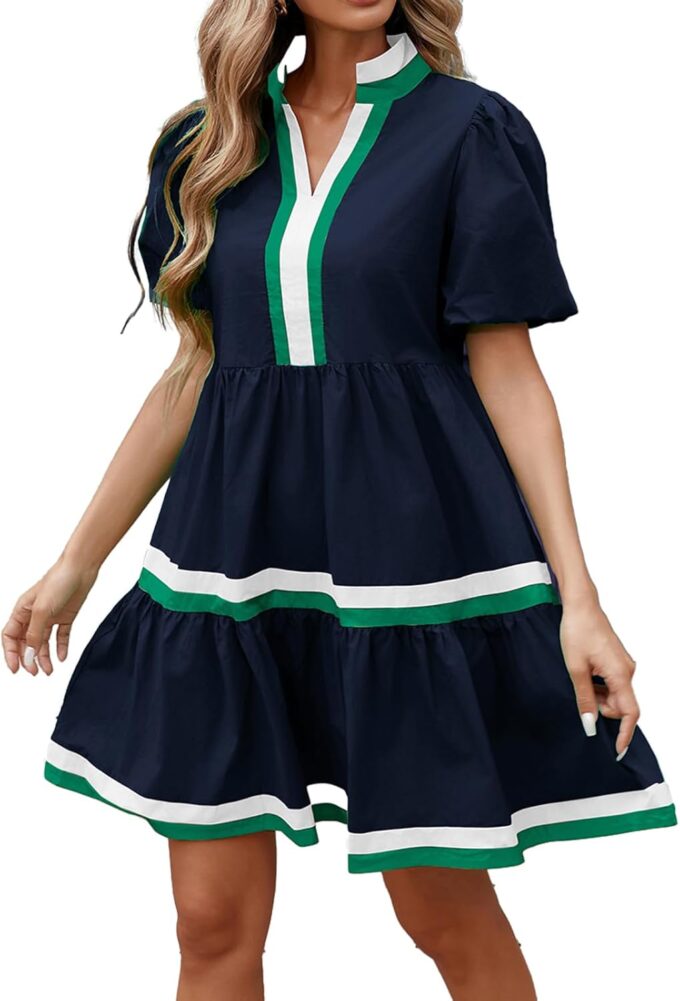 LifeShe Womens Puff Sleeve Babydoll Dress V Neck Navy Blue Striped Color Block Tiered Mini Dresses – Bild 2
