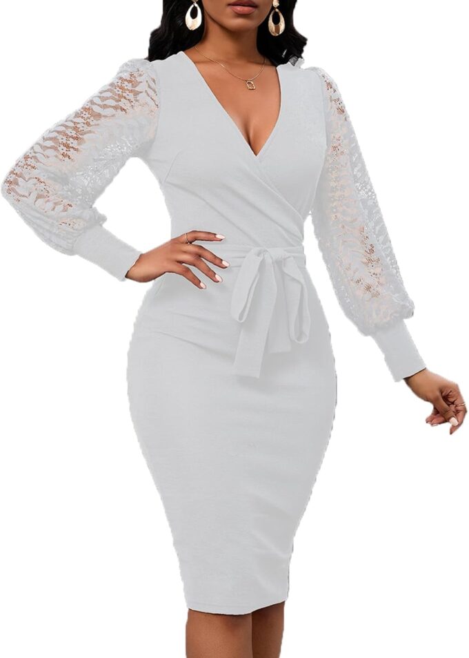 Womens Sexy Wrap V Neck Lantern Lace Long Sleeve Bodycon Midi Dress Semi Formal Cocktail Party Dresses – Bild 4