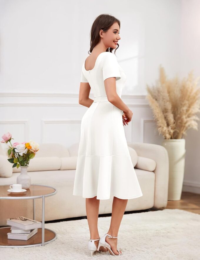 Bbonlinedress Womens Short Sleeve Wedding Guest Dresses Cocktail Vintage Party Church Formal A-Line Midi Dress with Belt – Bild 2