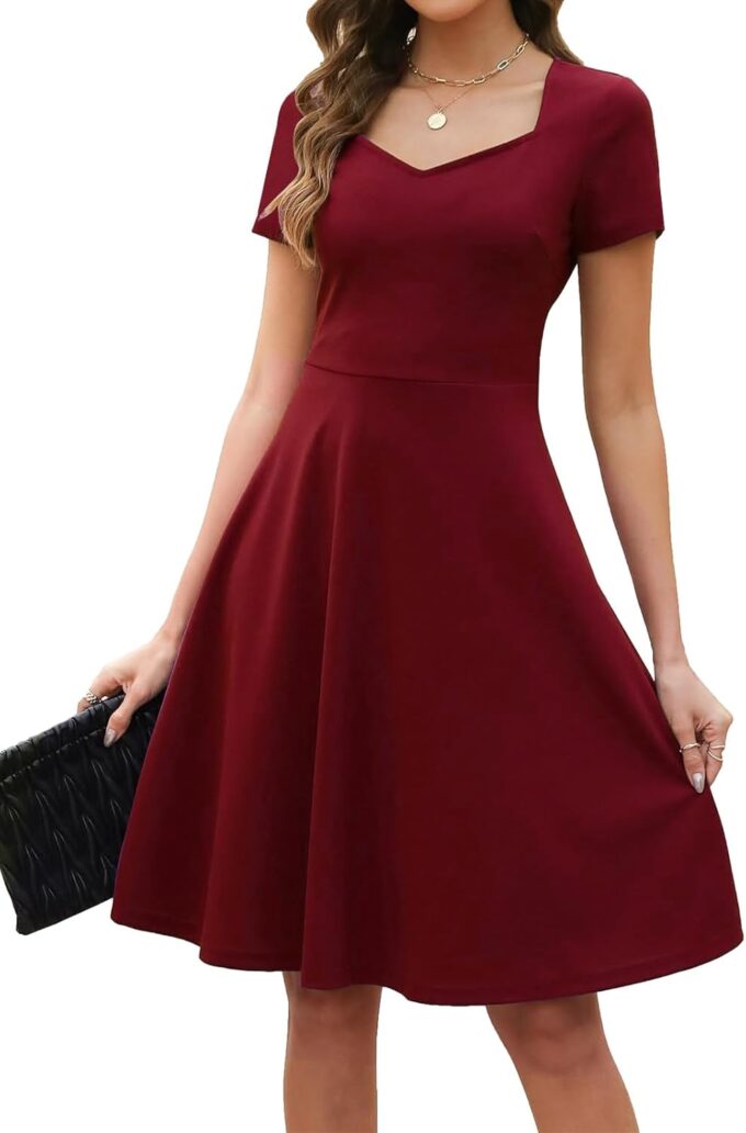 BARASA Damenkleid, elegant, Herzausschnitt, kurze Ärmel, Party, A-Linie, knielang, D163, Burgunder, XX-Large – Bild 2