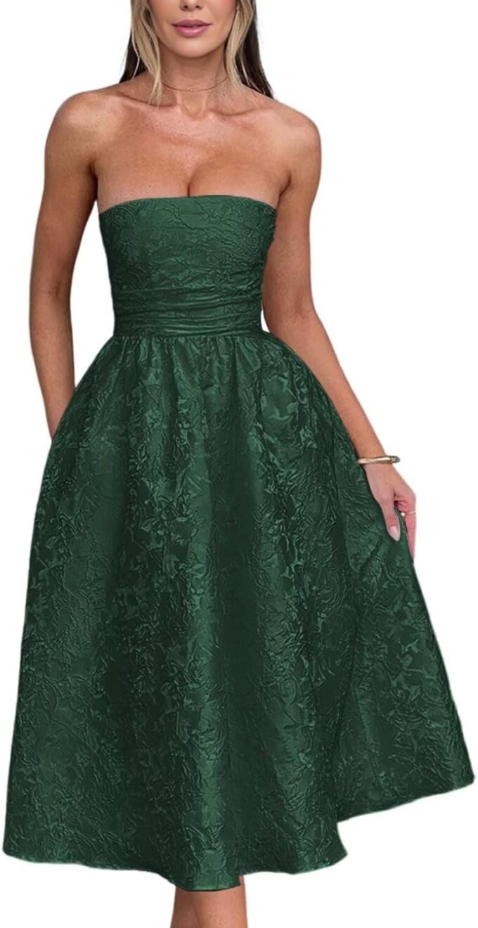 Midi Cocktail Dresses Jacquard Satin Prom Dress Tea Party Dress for Women EEM066