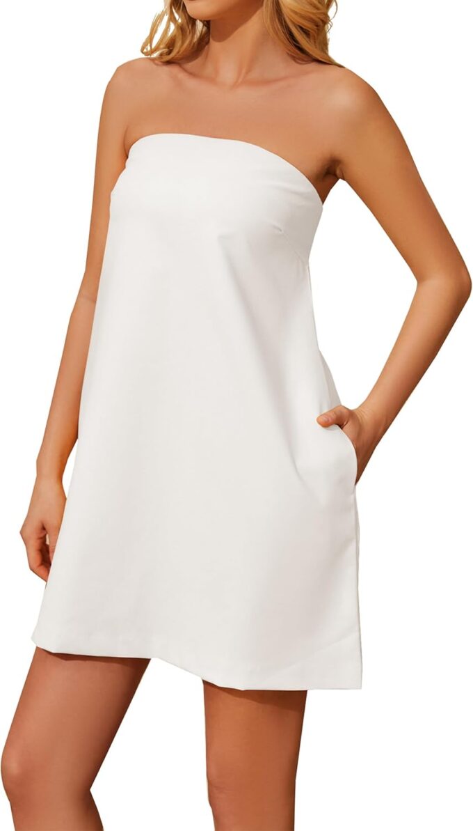 Livtany Women Off Shoulder Tube Dress Polka Dot Strapless Sleeveless with Pocket Bandeau Dress Cut Out Backless Mini Dresses