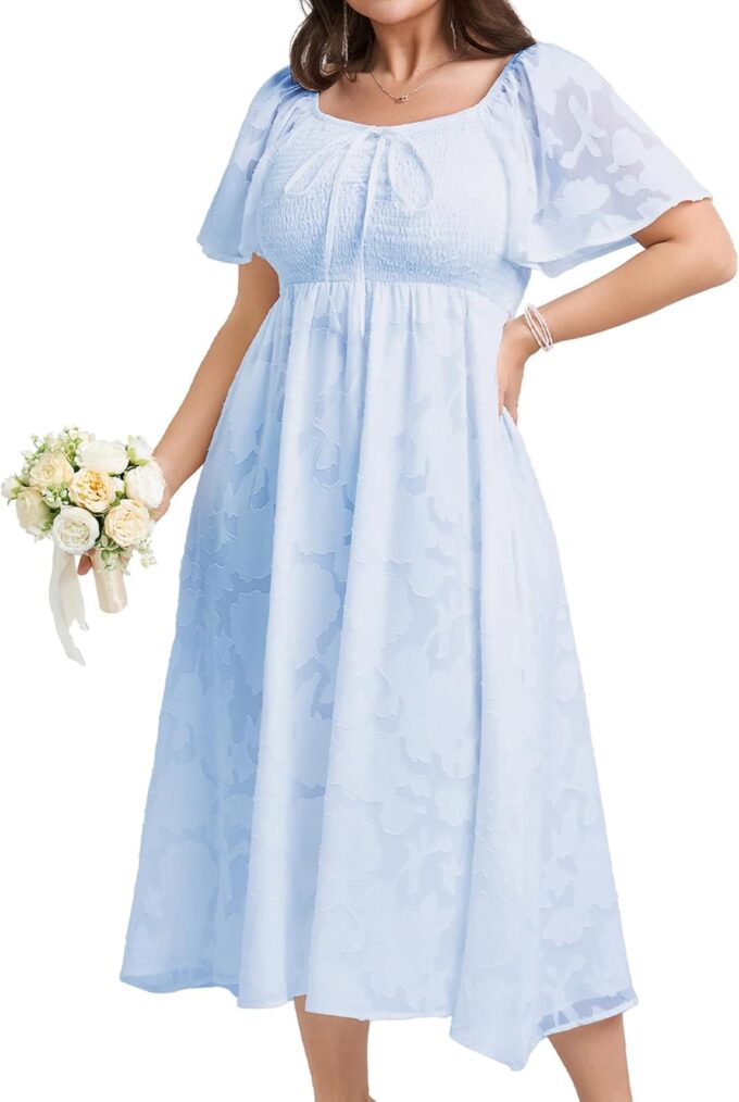 SCOMCHIC Women's Plus Size Formal Dresses Square Neck Short Sleeve Lace Floral Smocked Flowy Long Maxi Wedding Guest Dress