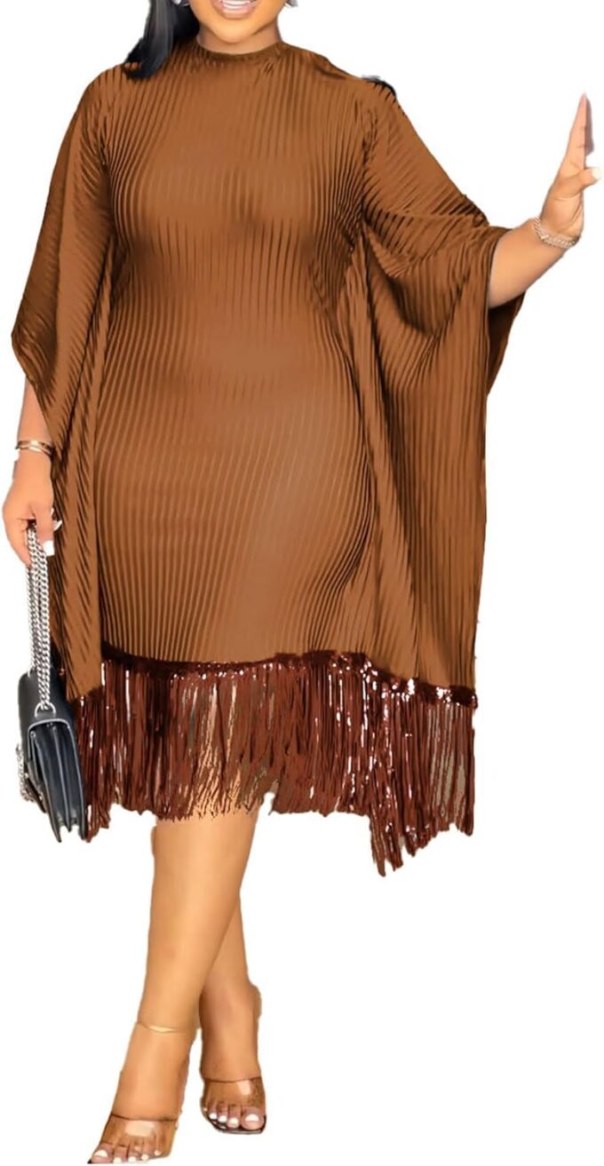 Women's Elegant Midi Dress Sequin Fringe Batwing Sleeve Loose Cocktail Party Dress Pleated Plus Size Dress